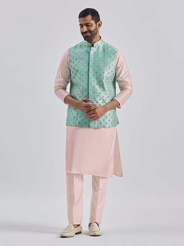 Jashvi Men's Mint Green And Pink Poly viscose Jacket, Kurta and Pyjama Set