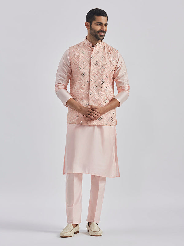 Jashvi Men's Pink Poly viscose Jacket, Kurta and Pyjama Set