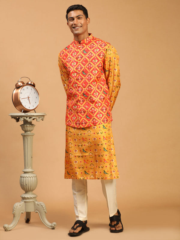 Jashvi Red Patola Print Nehru Jacket With Yellow Printed kurta & Cream Viscose Pant Set