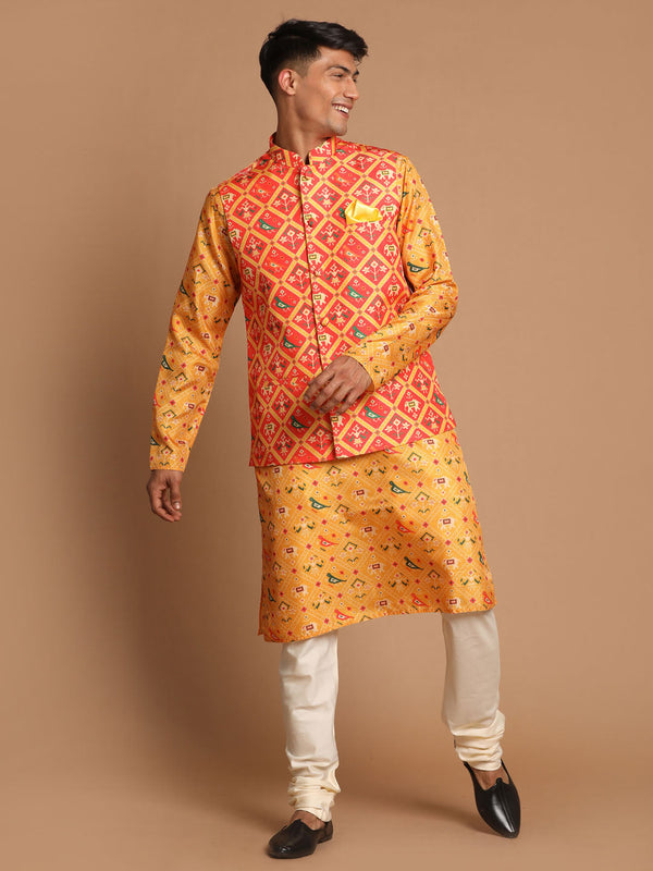 Jashvi Red Patola Print Nehru Jacket With Yellow Printed kurta & Cream Pyjama