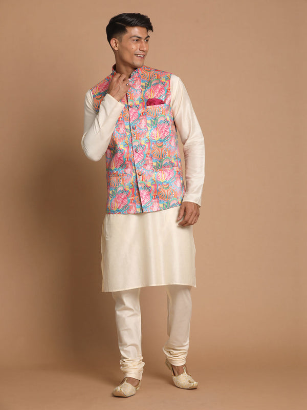 Jashvi Men's Multi-Color Printed Nehru Jacket With Solid Kurta & Pyjama Set