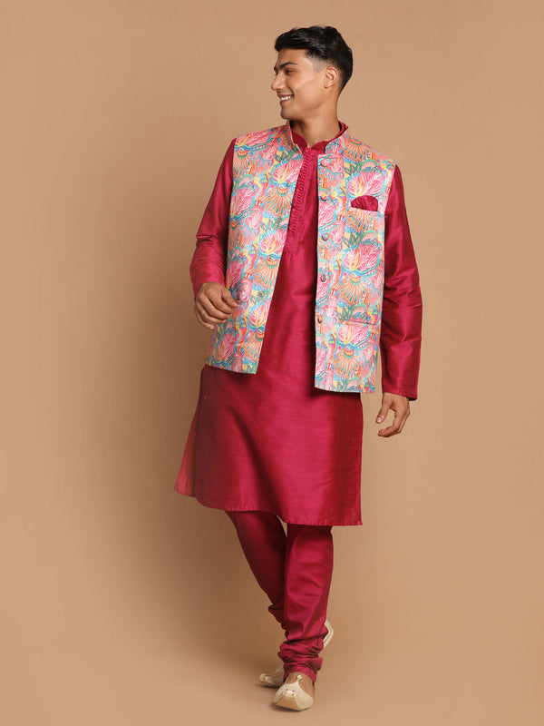 Jashvi Men's Multi-Color Printed Nehru Jacket With Solid Kurta & Pyjama Set