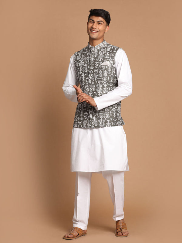 Jashvi Men's Mehendi Green Printed Nehru Jacket With White Solid kurta & Pant Set