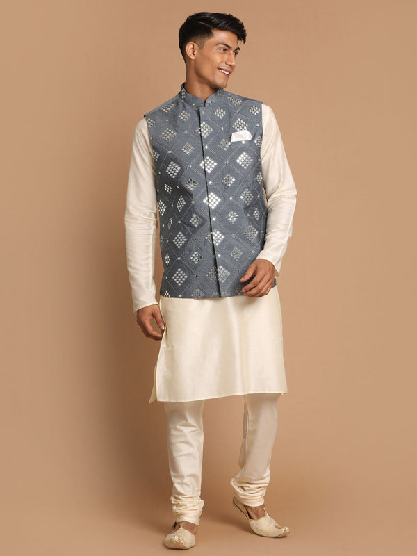 Jashvi Men's Grey Mirror-Work Silk Blend Nehru Jacket With Solid Kurta & Pyjama Set