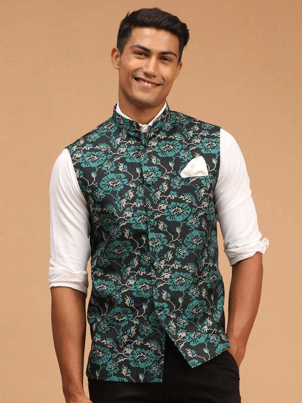 Jashvi Men's Green Printed Nehru Jacket