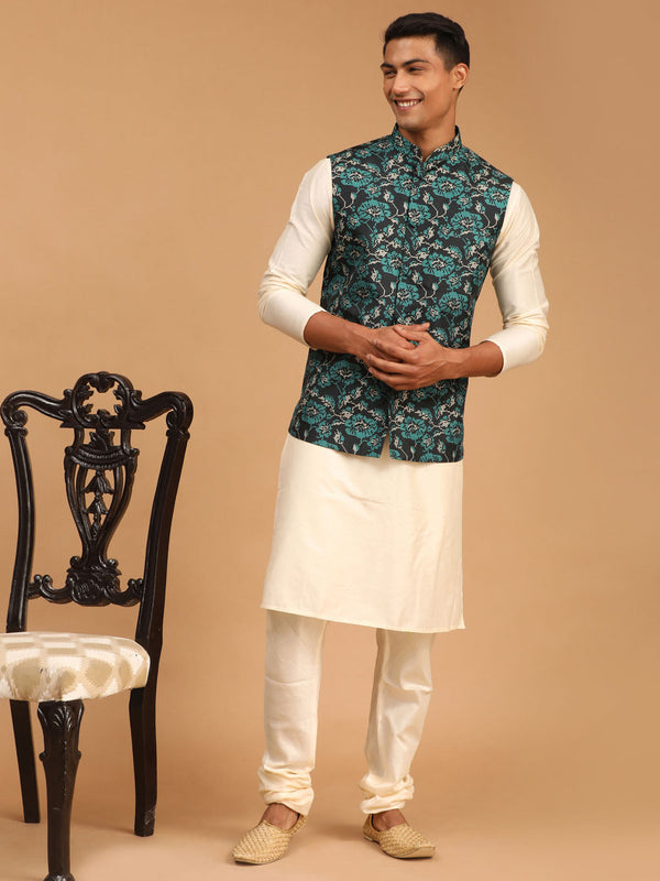 Jashvi Men's Green Printed Nehru Jacket With Cream Solid kurta & Pyjama Set