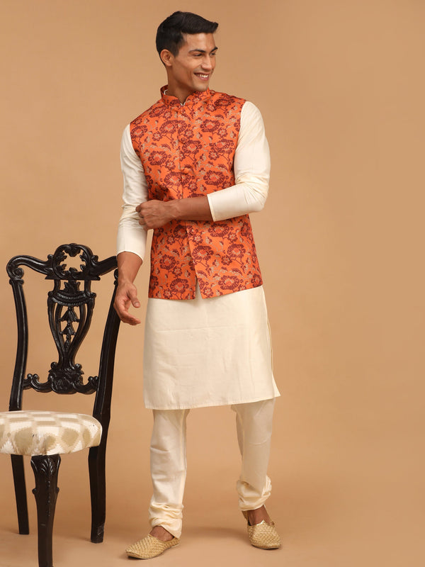 Jashvi Men's Rust Printed Nehru Jacket With Cream Solid kurta & Pyjama Set