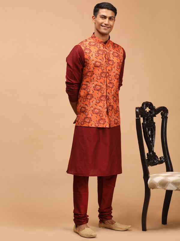 Jashvi Men's Rust Printed Nehru Jacket With Maroon Solid kurta & Pyjama Set