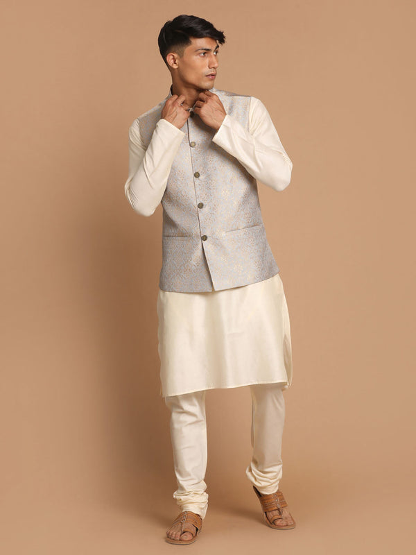 Jashvi Men's Grey Woven Jacket And Cream Solid Kurta With Pajama Set