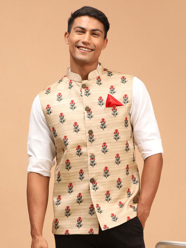 Jashvi Men's Beige Rose Print Matka Silk Nehru Jacket