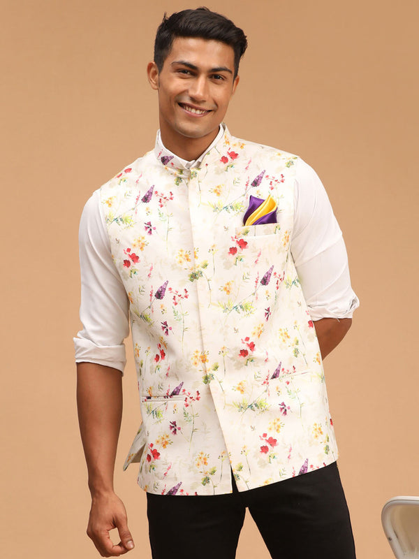 Jashvi Men's Cream Base Multi Printed Cotton blend Nehru Jacket