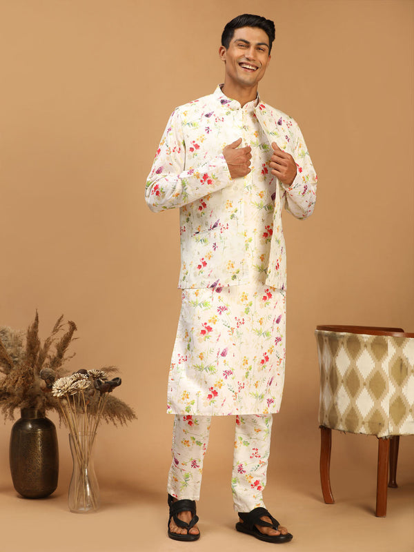 Jashvi Cream Printed Nehru Jacket And Multicolor-base Printed Kurta With Matching Rayon Pant Set