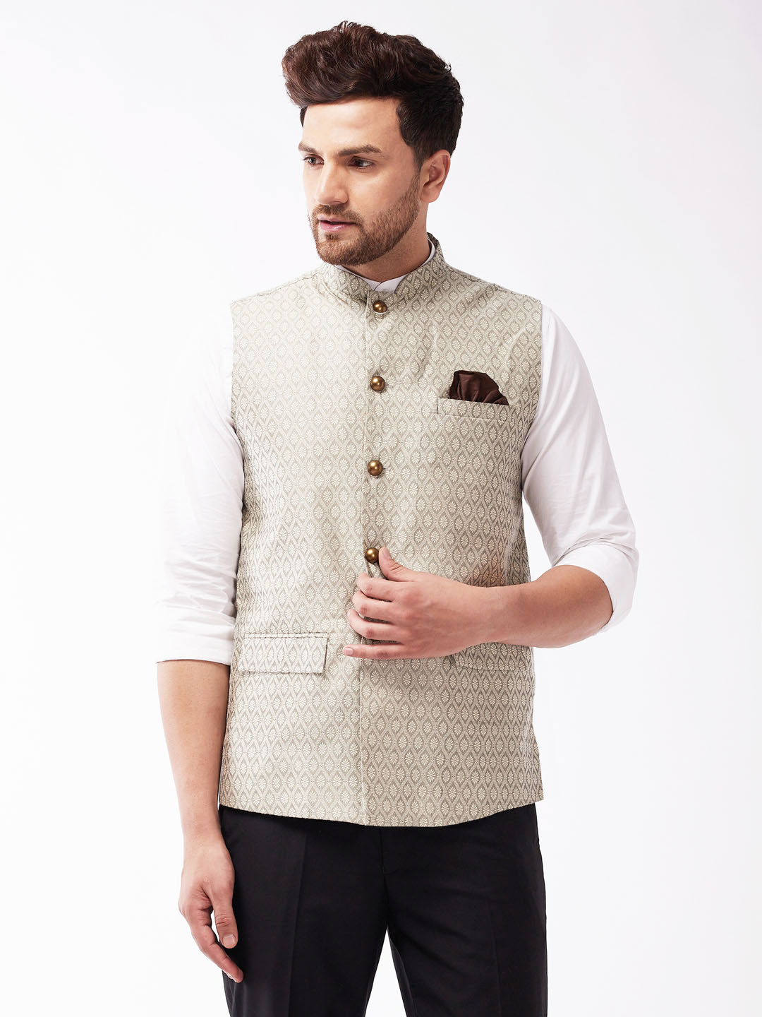 Men's Grey Silk Blend Nehru Jackets - Vastramay