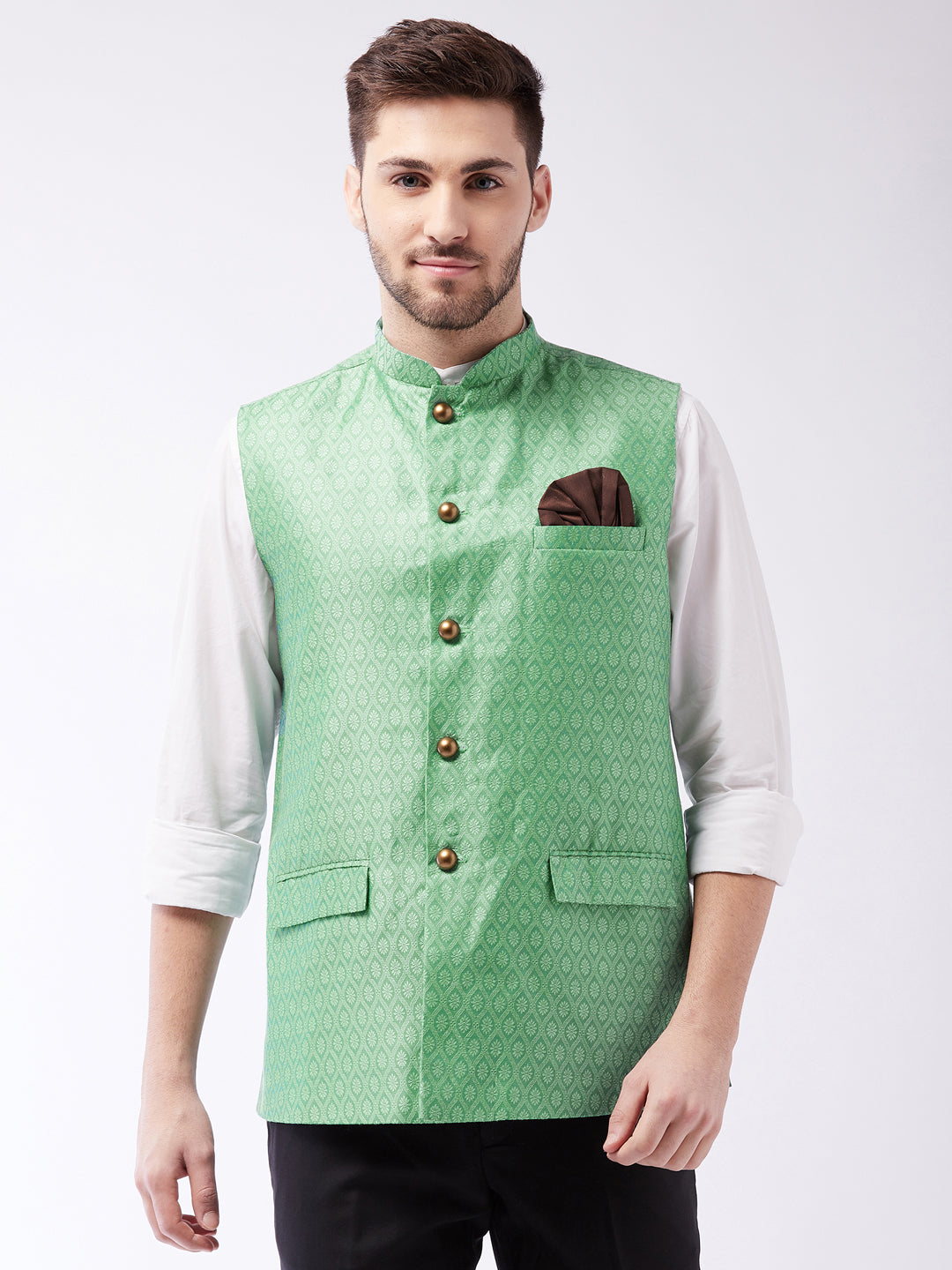 Men's Green Silk Blend Nehru Jackets - Vastramay