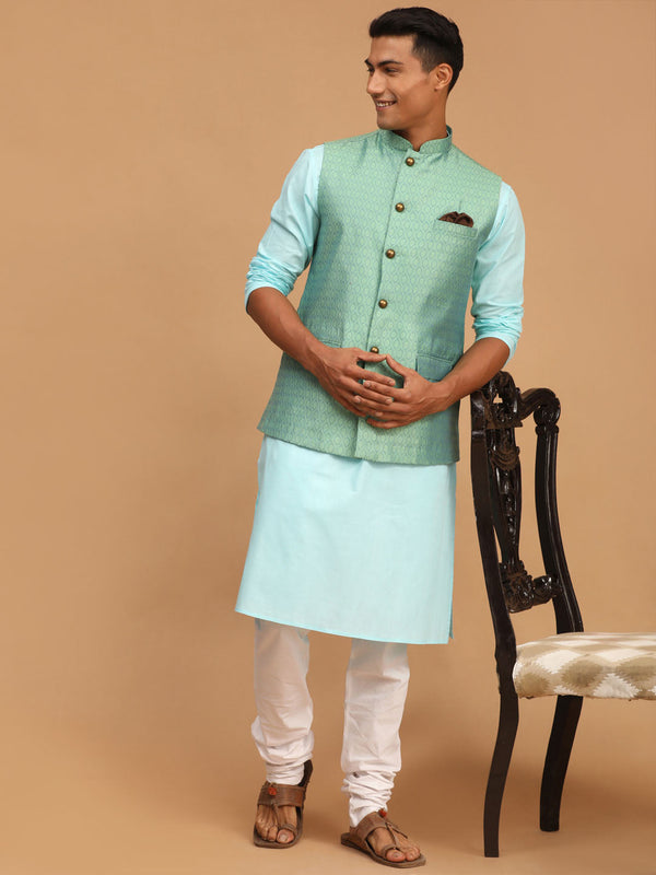 Jashvi Men's Green Jacquard Nehru Jacket with Kurta Pyjama Set