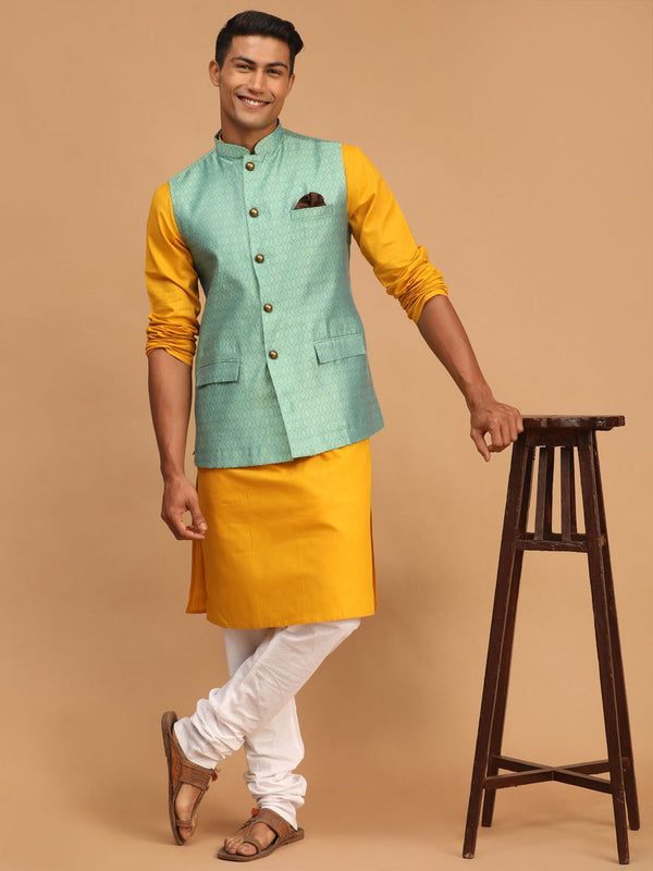 Jashvi Men's Green Jacquard Nehru Jacket with Kurta Pyjama Set