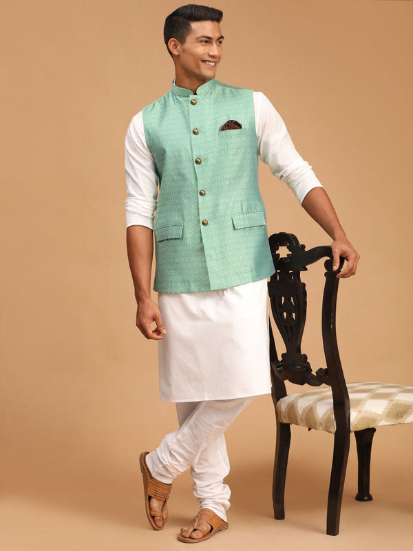 Jashvi Men's Green Jacquard Nehru Jacket with Kurta Pyjama Set