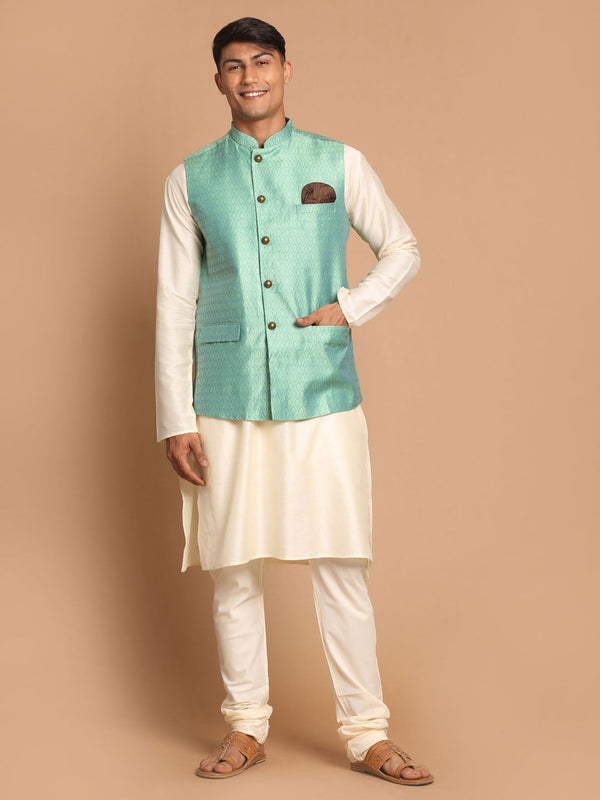 Jashvi Men's Green Jacquard Nehru Jacket with Kurta Pyjama Set