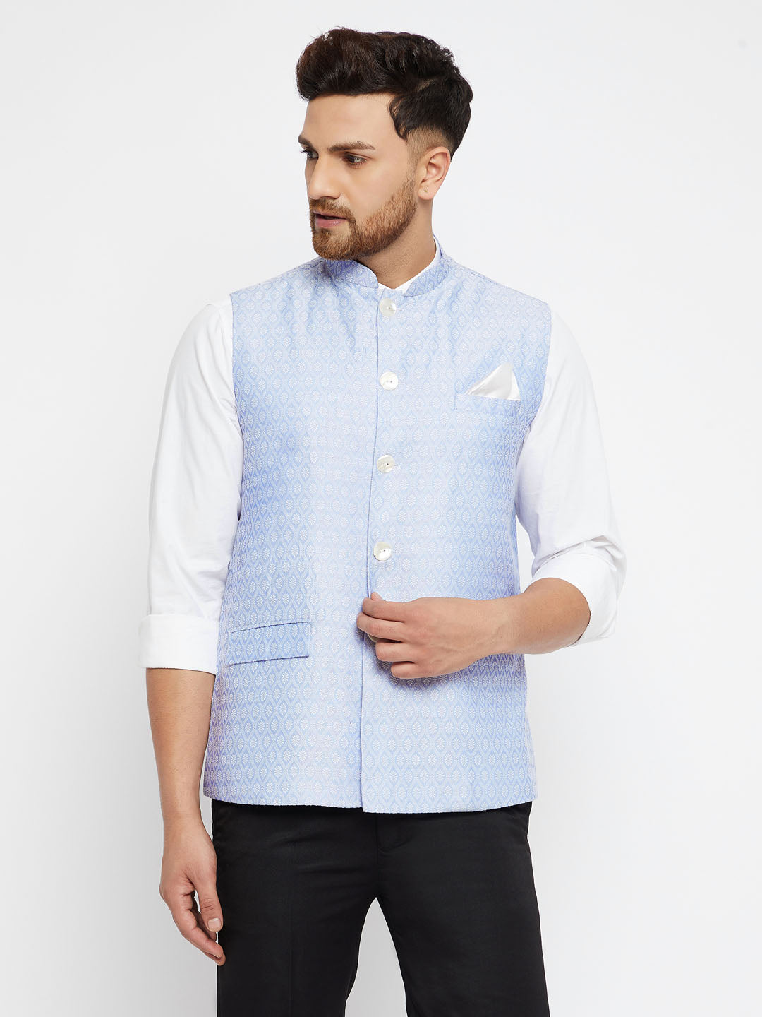 Men's Light Blue Silk Blend Nehru Jackets - Vastramay