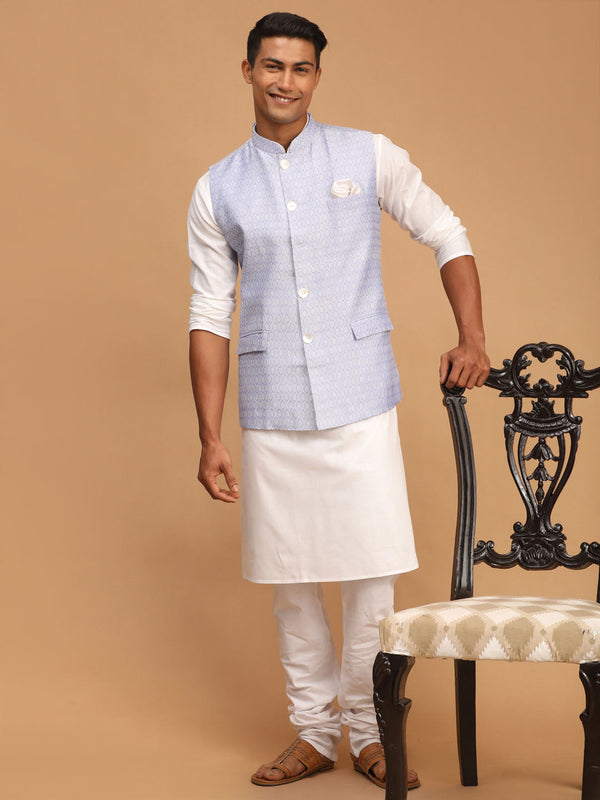 Jashvi Men's Lavender Jacquard Nehru Jacket with Kurta Pyjama Set