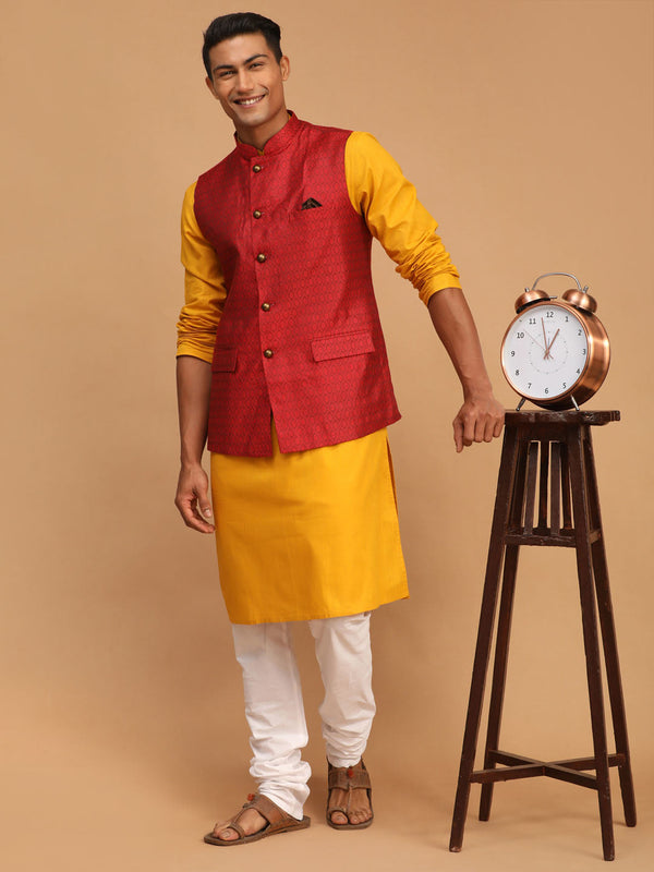 Jashvi Men's Maroon Jacquard Nehru Jacket with Kurta Pyjama Set