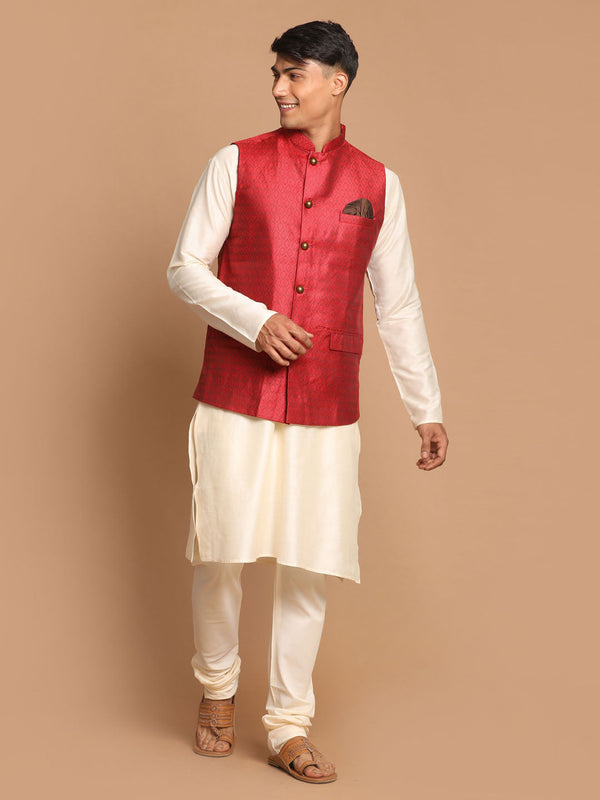 Jashvi Men's Maroon Jacquard Nehru Jacket with Kurta Pyjama Set