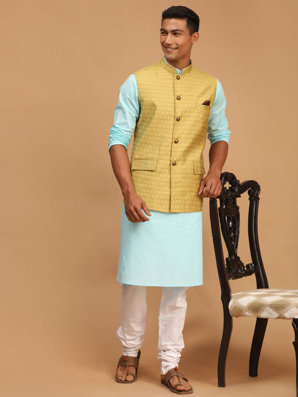 Jashvi Men's Yellow Jacquard Nehru Jacket with Kurta Pyjama Set