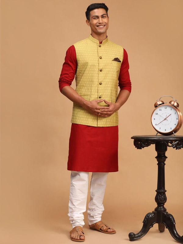 Jashvi Men's Yellow Jacquard Nehru Jacket with Kurta Pyjama Set