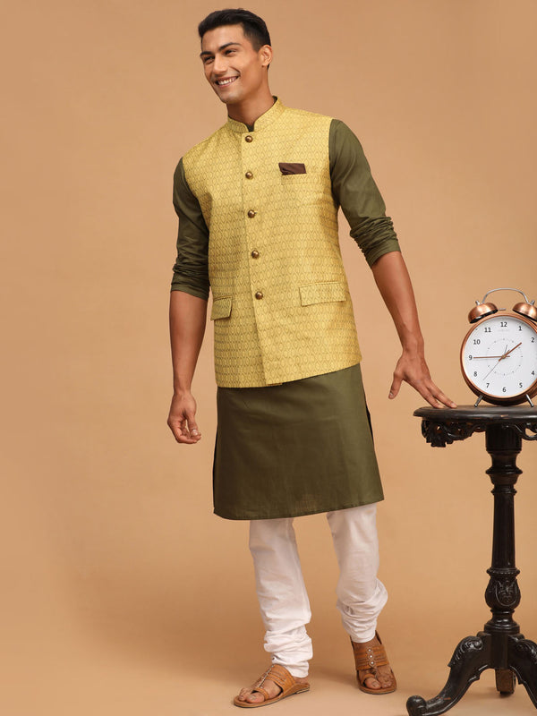 Jashvi Men's Yellow Jacquard Nehru Jacket with Kurta Pyjama Set