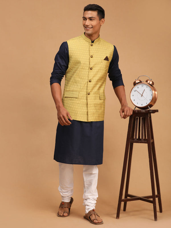 Jashvi Men's Yellow Jacquard Nehru Jacket with Kurta Pyjama Set