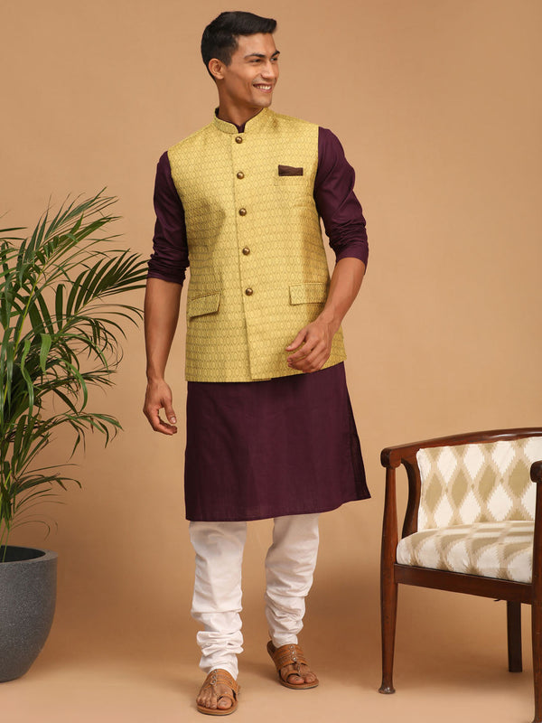 Jashvi Men's Yellow Jacquard Nehru Jacket with Kurta Pyjama Set