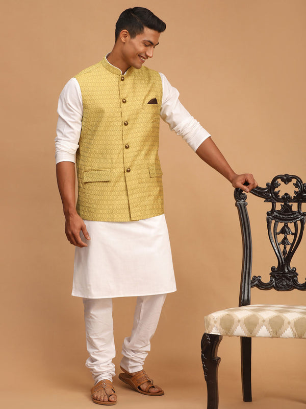 Jashvi Men's Yellow Jacquard Nehru Jacket with Kurta Pyjama Set