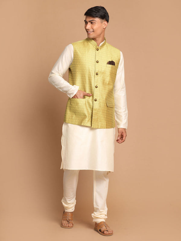 Jashvi Men's Yellow Jacquard Nehru Jacket with Kurta Pyjama Set