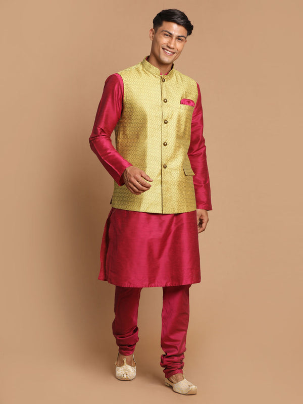 Jashvi Men's Yellow Jacquard Nehru Jacket with Kurta Pyjama Set