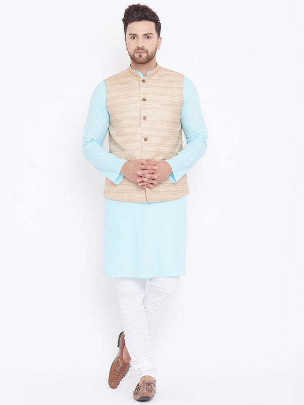 Jashvi Men's Beige, Aqua And White Cotton Blend Jacket, Kurta and Pyjama Set