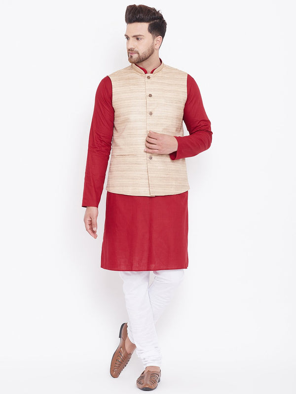 Men's Beige, Maroon And White Cotton Blend Jacket, Kurta and Pyjama Set - Vastramay