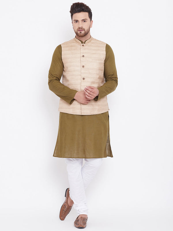 Jashvi Men's Beige, Mehendi Green And White Cotton Blend Jacket, Kurta and Pyjama Set