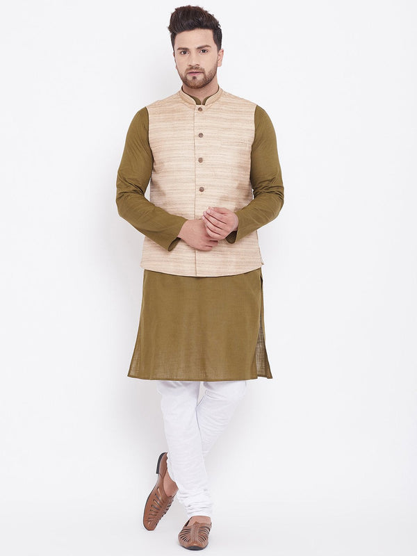 Men's Beige, Mehendi Green And White Cotton Blend Jacket, Kurta and Pyjama Set - Vastramay