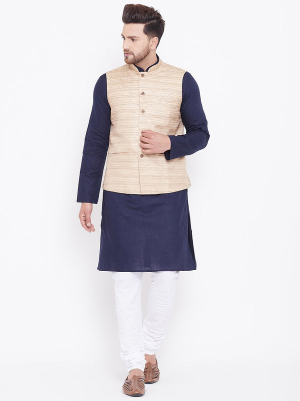 Men's Beige, Navy Blue And White Cotton Blend Jacket, Kurta and Pyjama Set - Vastramay