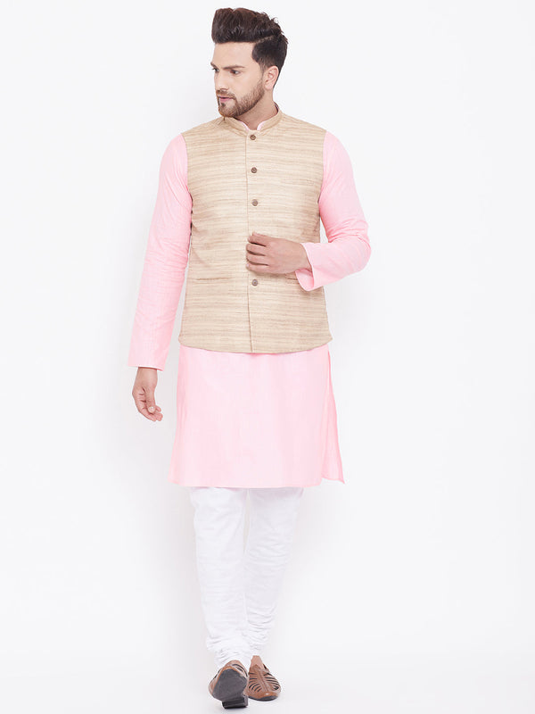 Jashvi Men's Beige, Pink And White Cotton Blend Jacket, Kurta and Pyjama Set