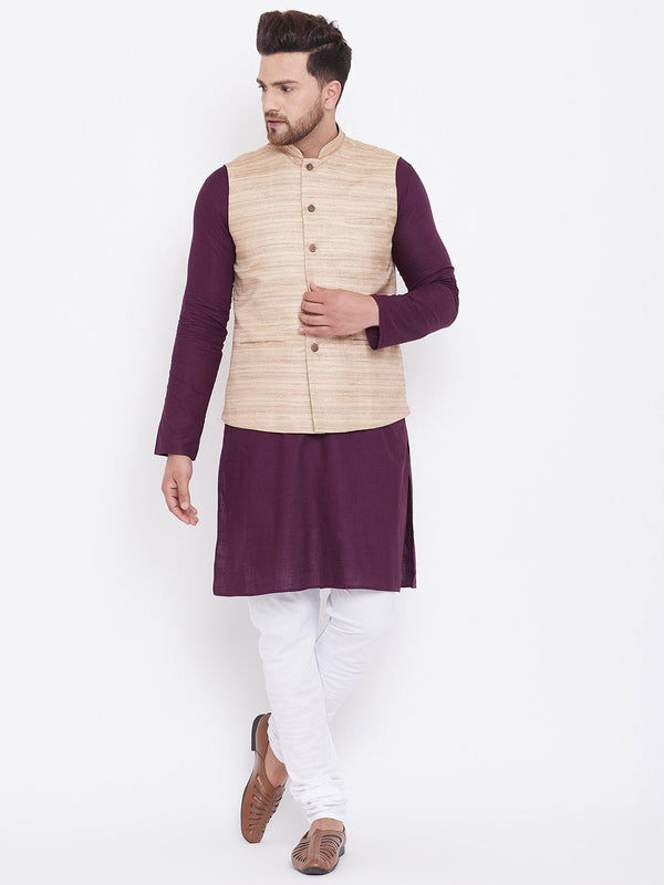 Men's Beige, Purple And White Cotton Blend Jacket, Kurta and Pyjama Set - Vastramay