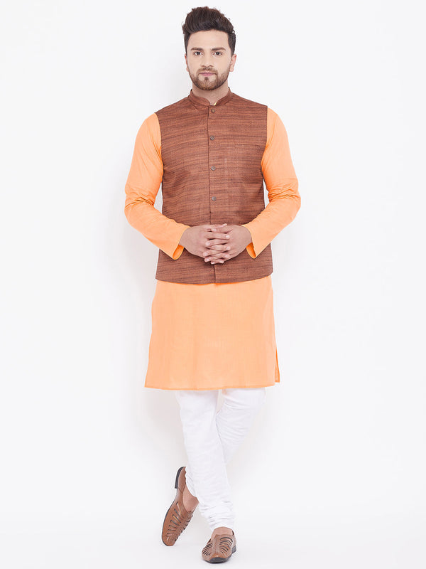 Jashvi Men's Coffee Brown, Fawn And White Cotton Blend Jacket, Kurta and Pyjama Set