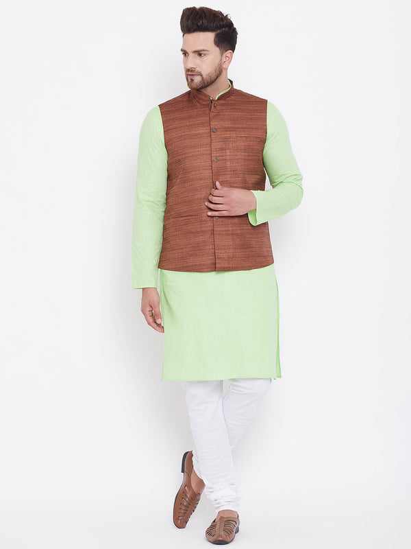 Jashvi Men's Coffee, Mint Green And White Cotton Blend Jacket, Kurta and Pyjama Set