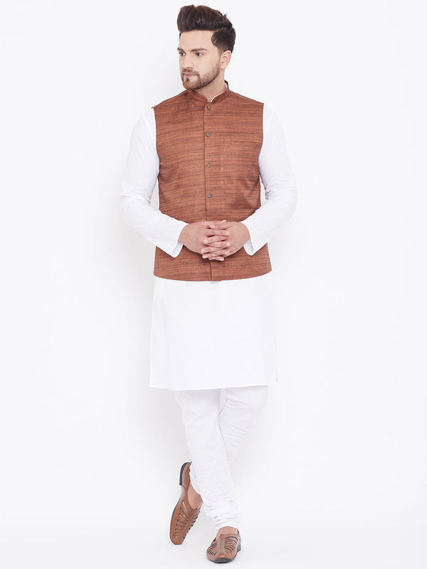 Jashvi Men's Coffee Brown And White Cotton Blend Jacket, Kurta and Pyjama Set