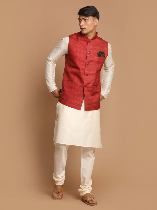 Jashvi Men's Maroon Textured Nehru Jacket With Cream Kurta and Pyjama Set