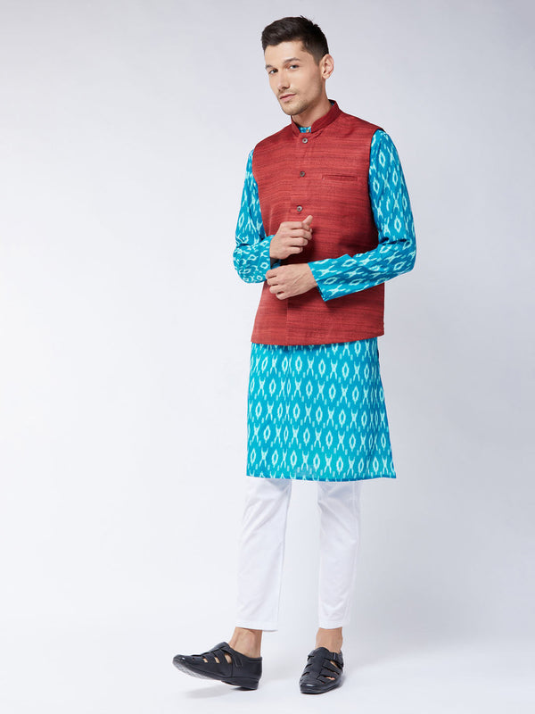 Jashvi Men's Maroon Silk Blend Ethnic Jacket With Turquoise And White Kurta Pyjama Set