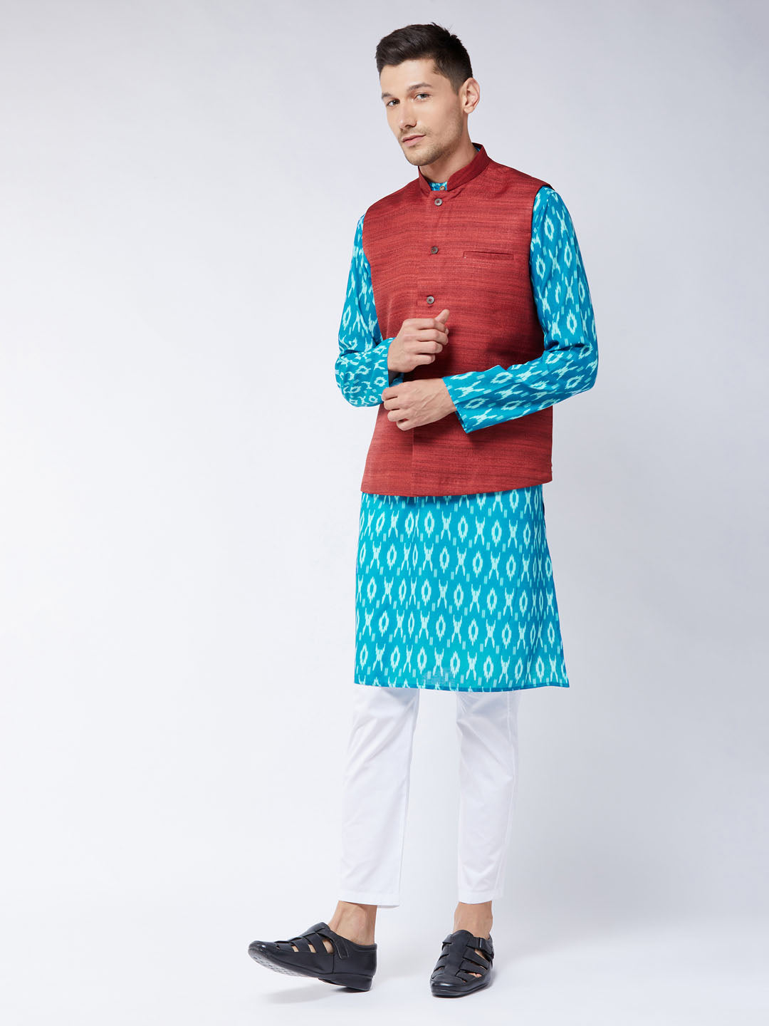 Men's Maroon, Turquoise And White Cotton Blend Jacket, Kurta And Pyjama Set - Vastramay