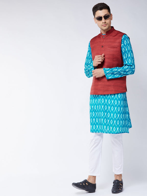 Jashvi Men's Maroon Silk Blend Ethnic Jacket With Turquoise And White Kurta Pyjama Set