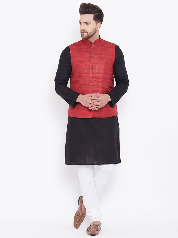 Jashvi Men's Maroon, Black And White Cotton Blend Jacket, Kurta and Pyjama Set