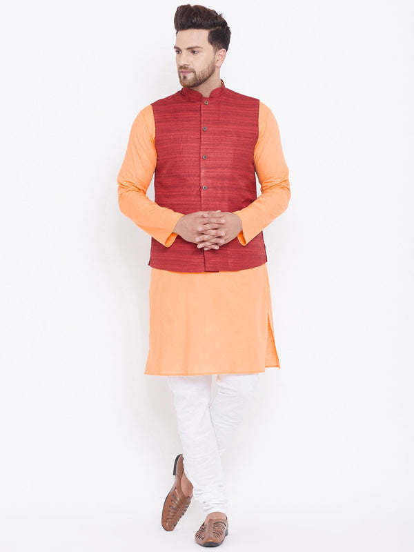 Men's Maroon, Fawn And White Cotton Blend Jacket, Kurta and Pyjama Set - Vastramay